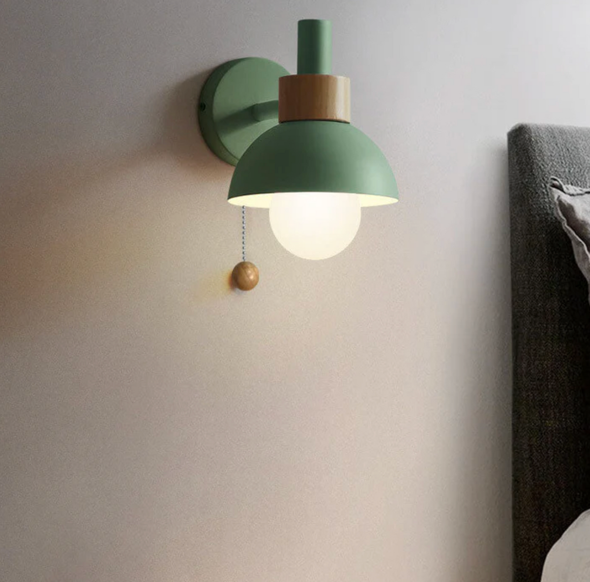 Pull chain wall light with wooden accent and rounded shade by BROKLEN – view 8