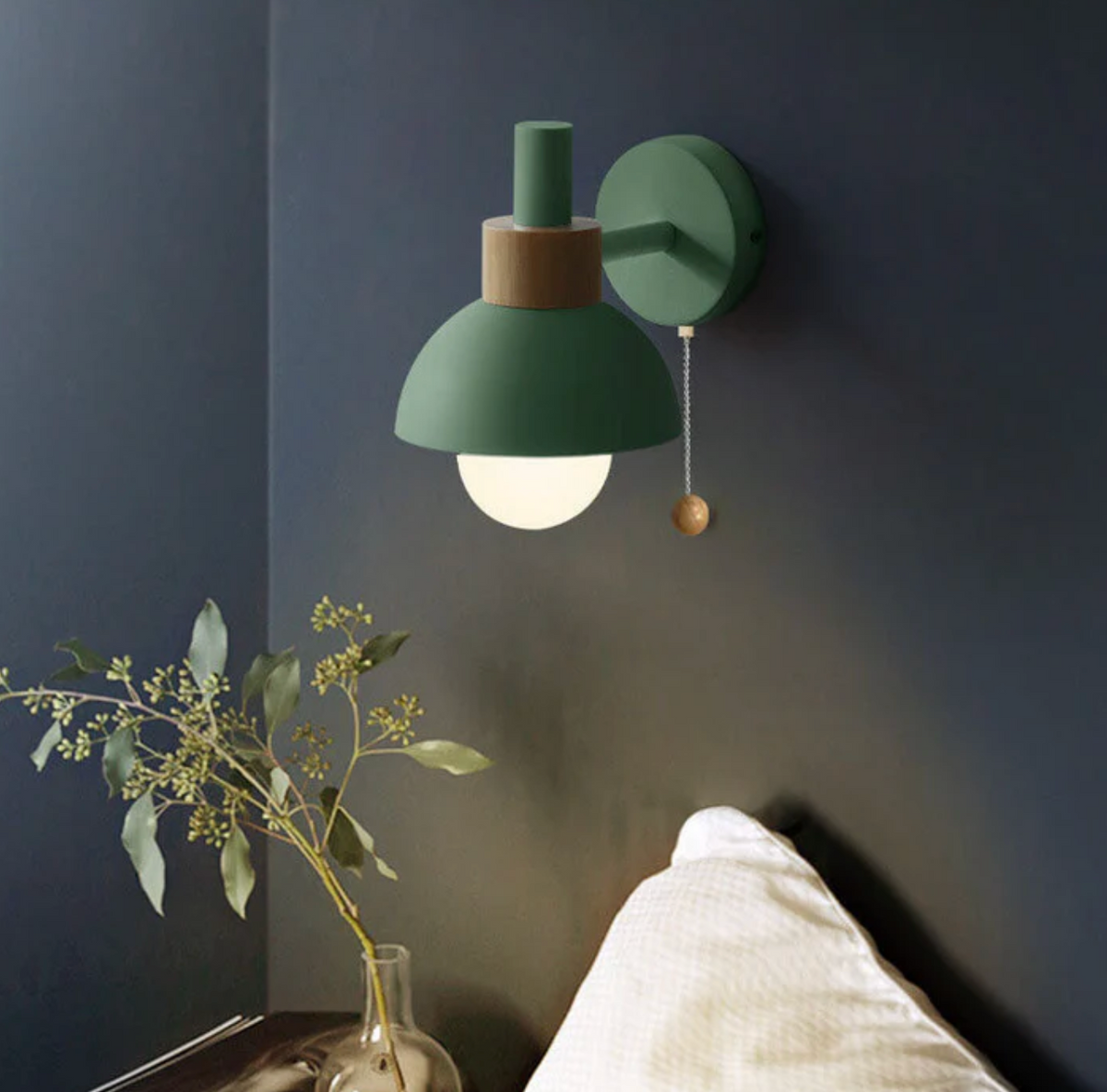 Pull chain wall light with wooden accent and rounded shade by BROKLEN – view 9