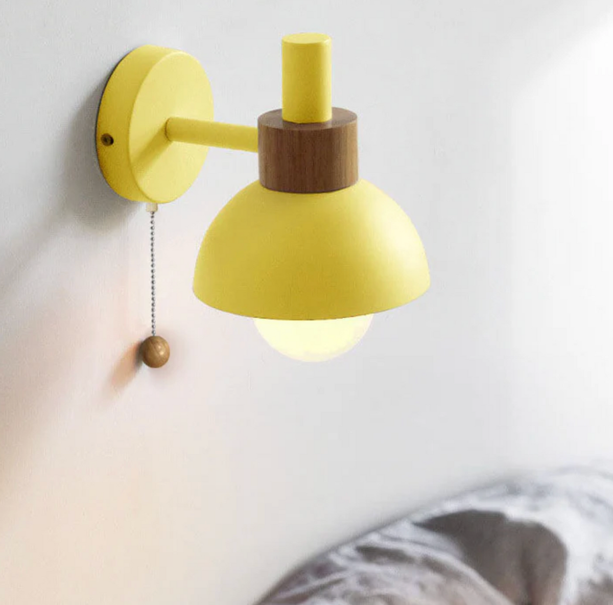 Pull chain wall light with wooden accent and rounded shade by BROKLEN