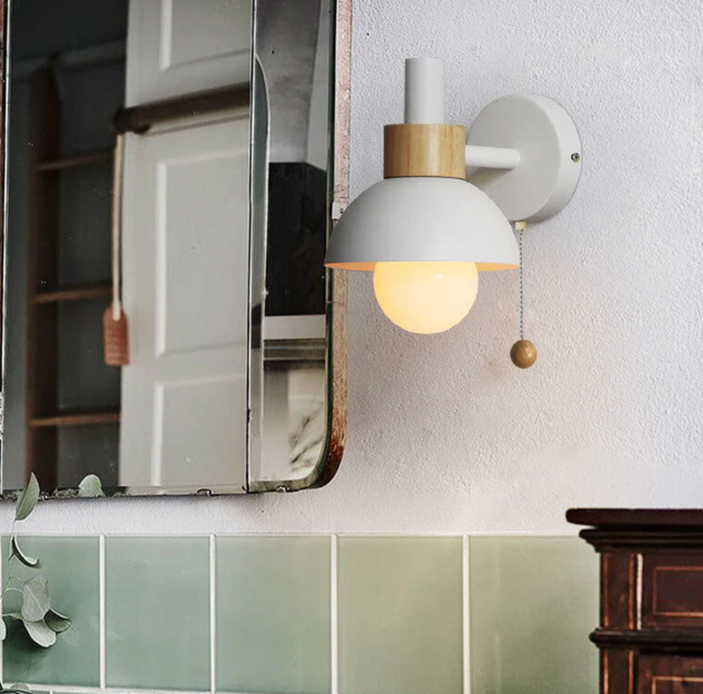 Pull chain wall light with wooden accent and rounded shade by BROKLEN – view 15