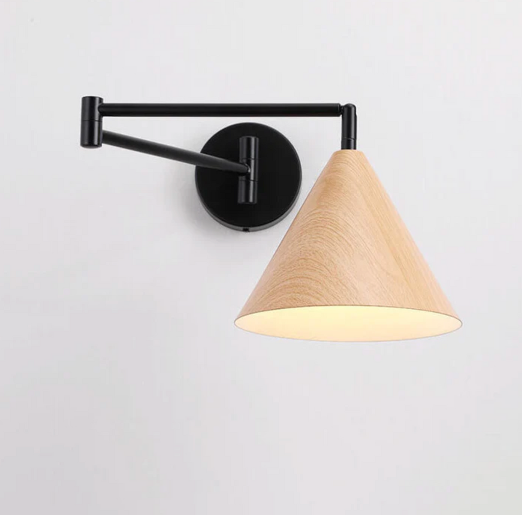 Scandinavian wooden cone shade wall lamp with black arm by BROKLEN – view 15