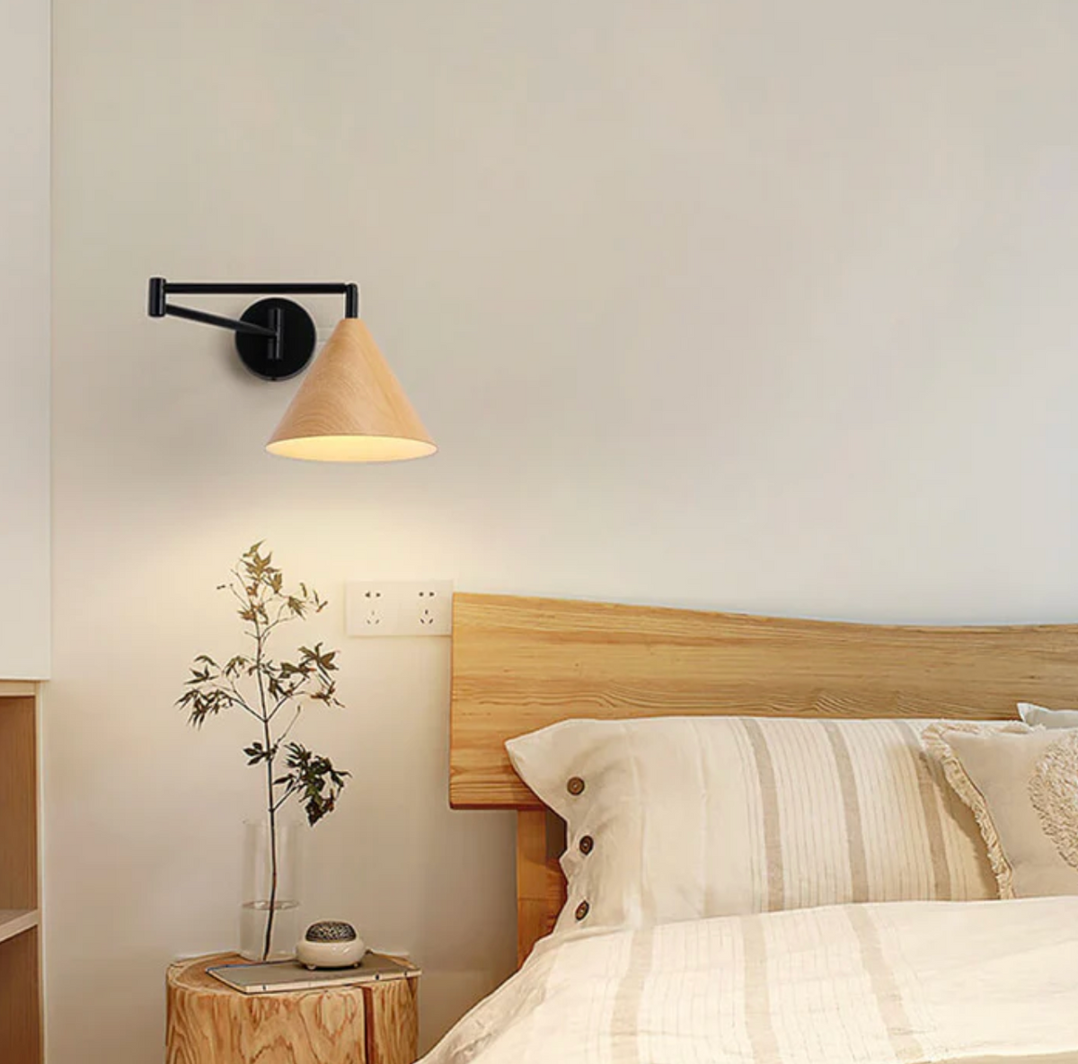 Scandinavian wooden cone shade wall lamp with black arm by BROKLEN – view 3