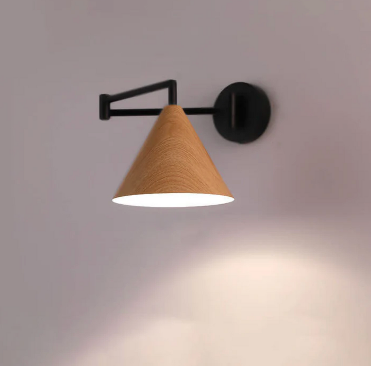 Scandinavian wooden cone shade wall lamp with black arm by BROKLEN – view 13