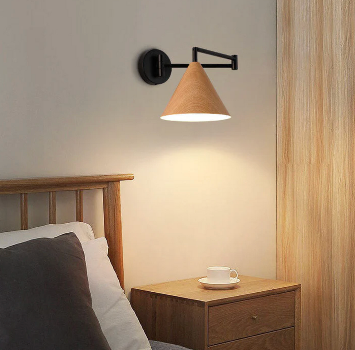 Scandinavian wooden cone shade wall lamp with black arm by BROKLEN – view 2