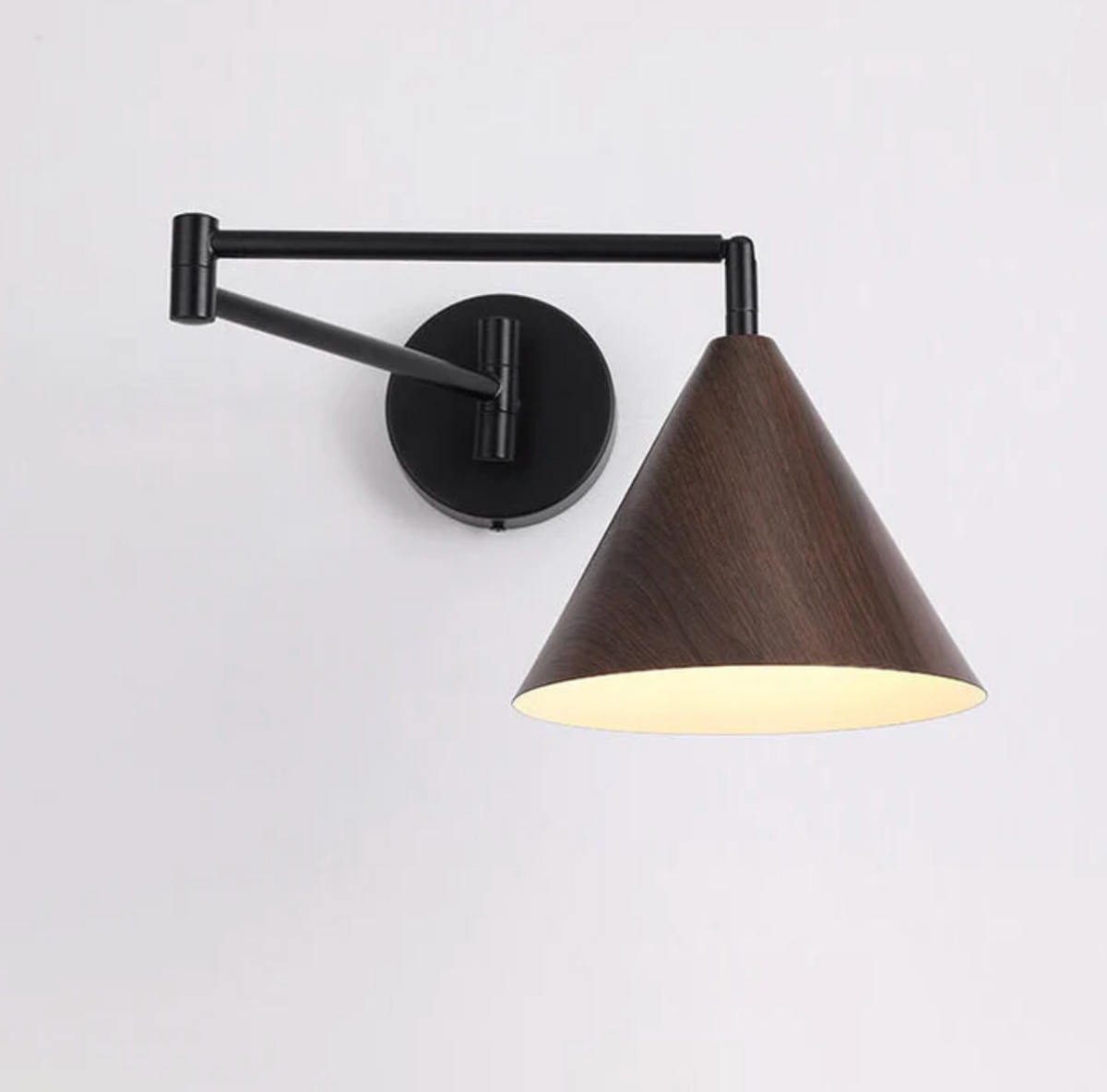 Scandinavian wooden cone shade wall lamp with black arm by BROKLEN – view 16