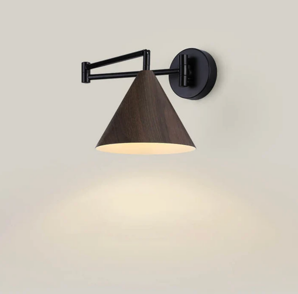 Scandinavian wooden cone shade wall lamp with black arm by BROKLEN – view 7