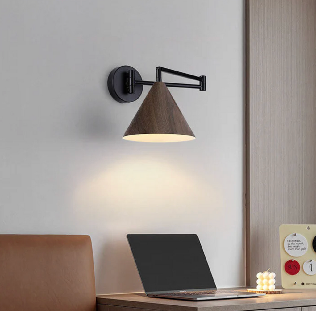 Scandinavian wooden cone shade wall lamp with black arm by BROKLEN – view 4