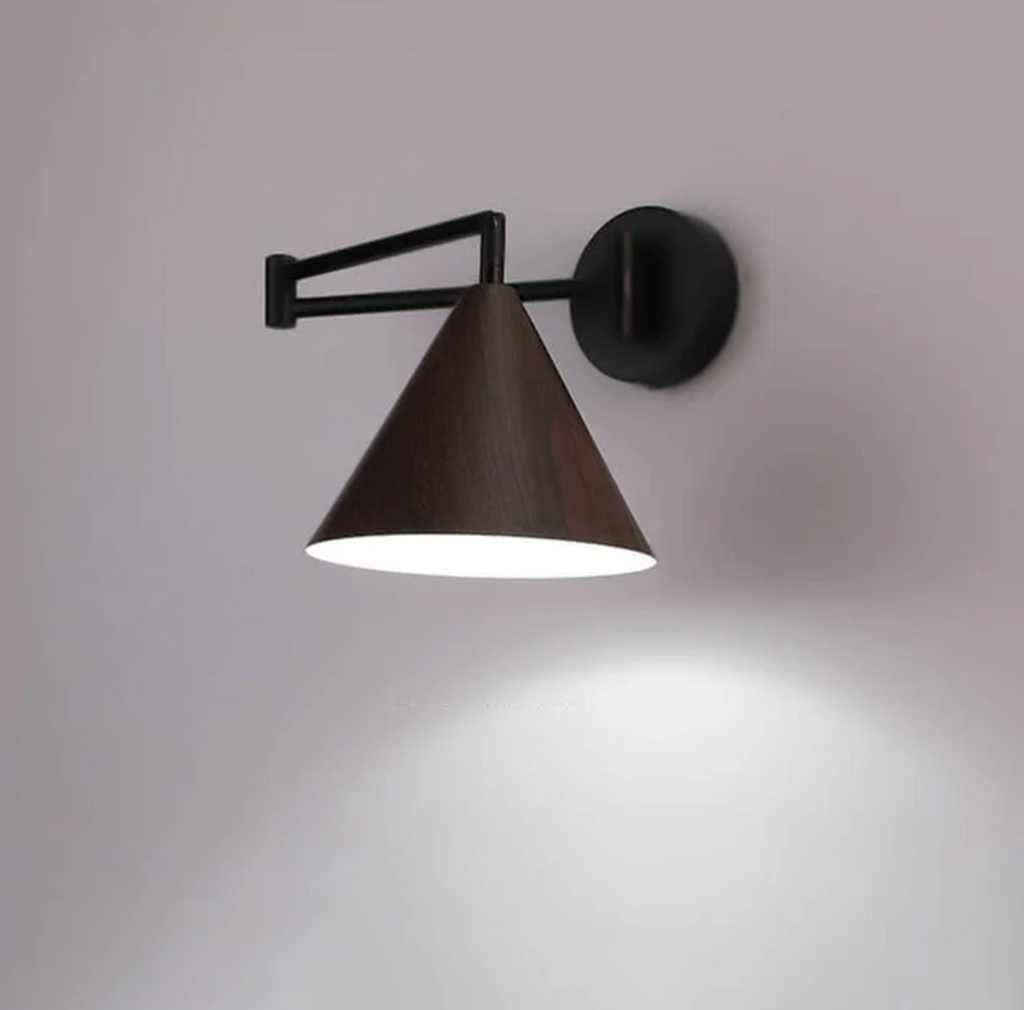 Scandinavian wooden cone shade wall lamp with black arm by BROKLEN – view 8