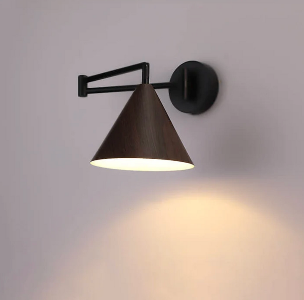 Scandinavian wooden cone shade wall lamp with black arm by BROKLEN – view 9
