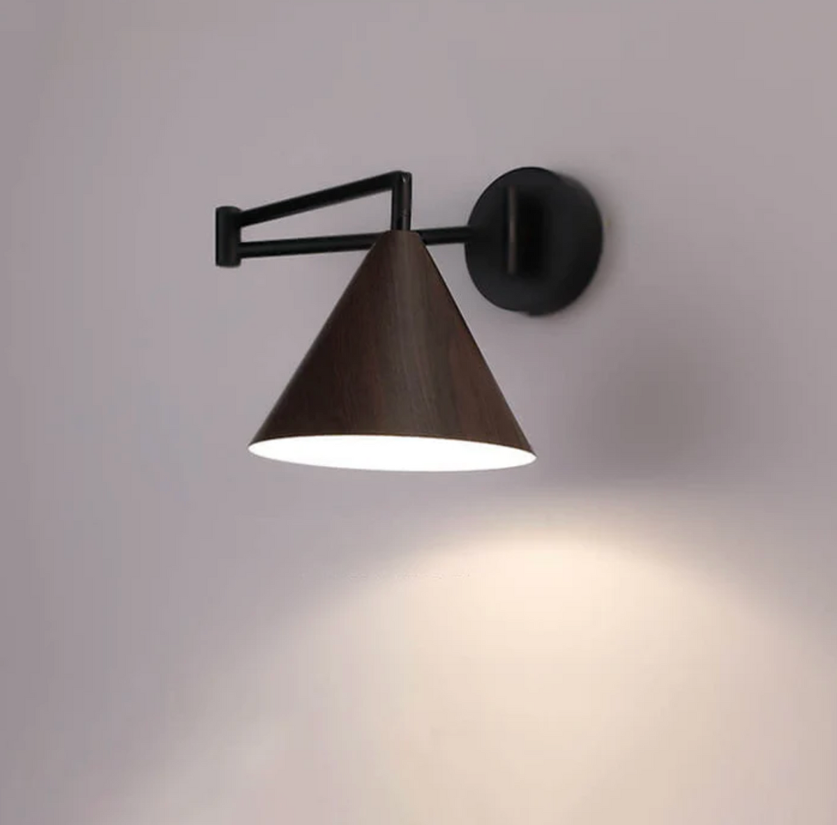 Scandinavian wooden cone shade wall lamp with black arm by BROKLEN – view 10