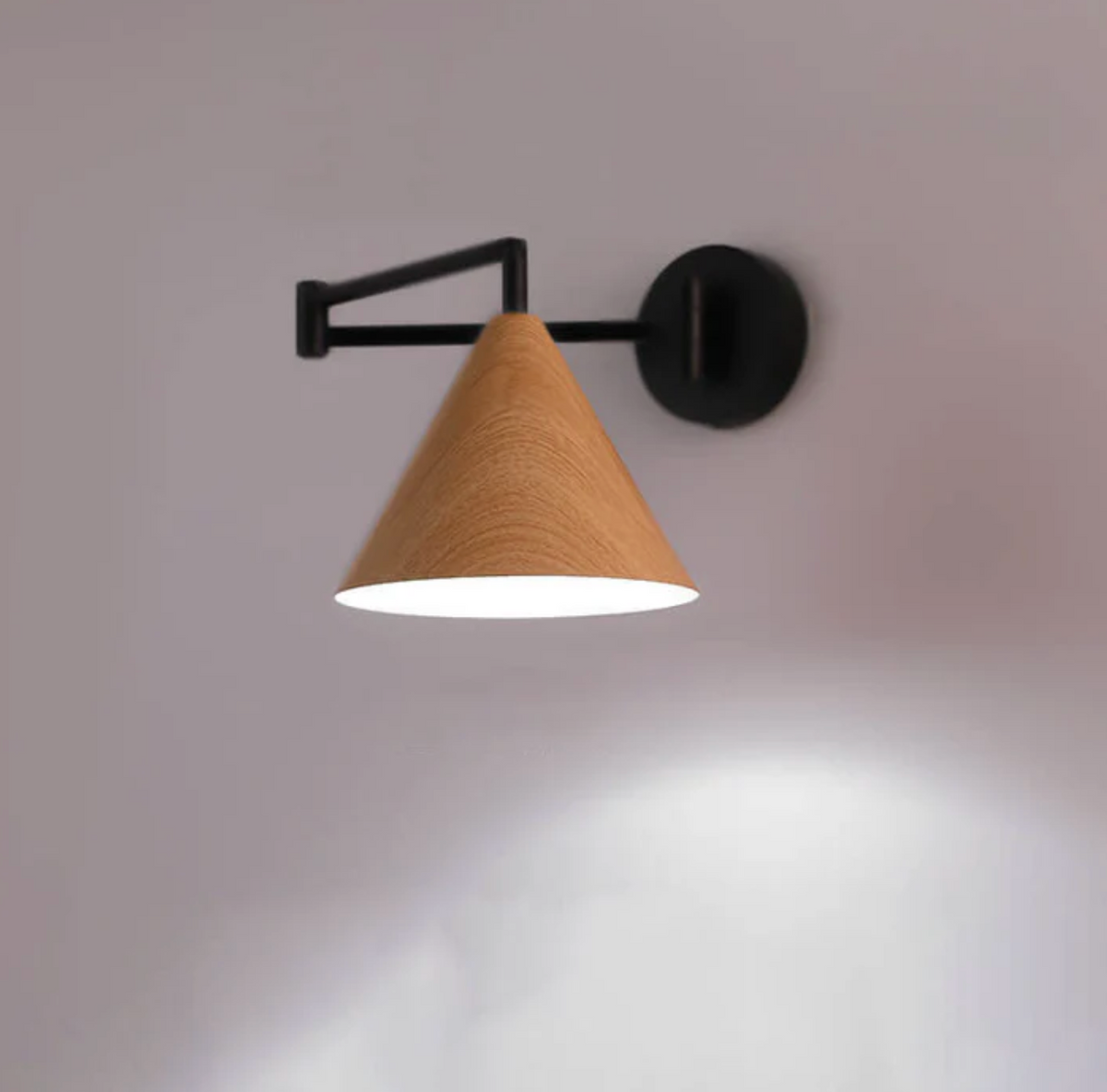 Scandinavian wooden cone shade wall lamp with black arm by BROKLEN – view 12
