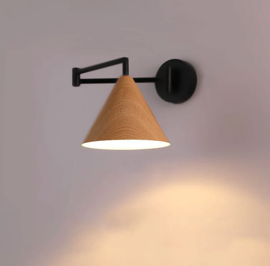 Scandinavian wooden cone shade wall lamp with black arm by BROKLEN – view 14
