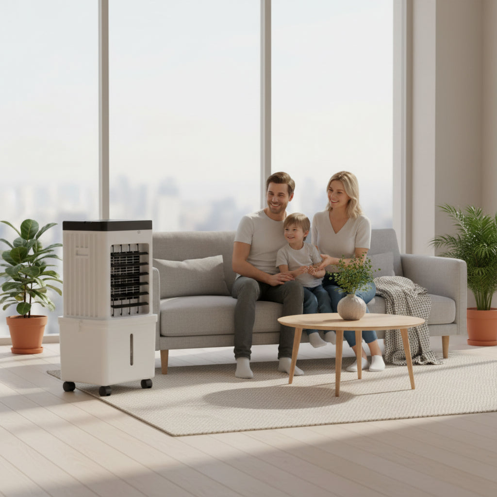Compact hoseless 3-in-1 evaporative air cooler by BROKLEN – view 2