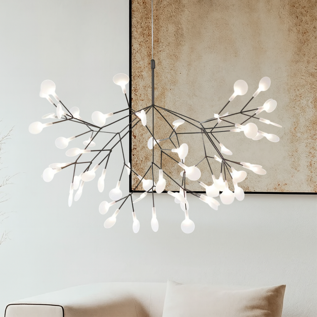 Sculptural branching LED chandelier with glowing globes by BROKLEN