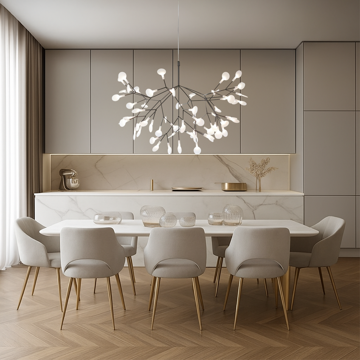 Sculptural branching LED chandelier with glowing globes by BROKLEN – view 4