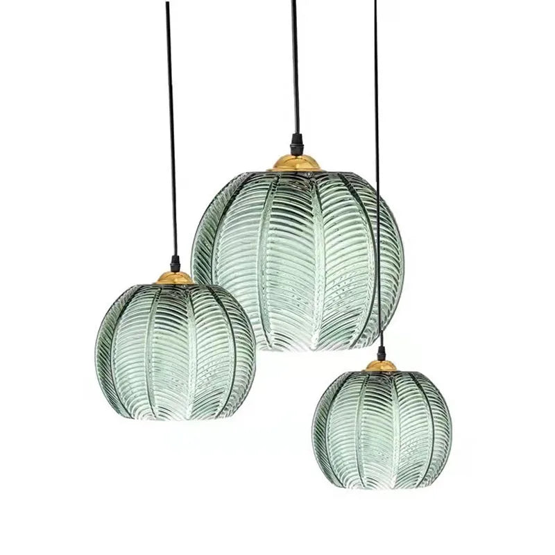 Blown glass leaf pattern pendant light in green and gold – ribbed glass ceiling light by BROKLEN – view 2