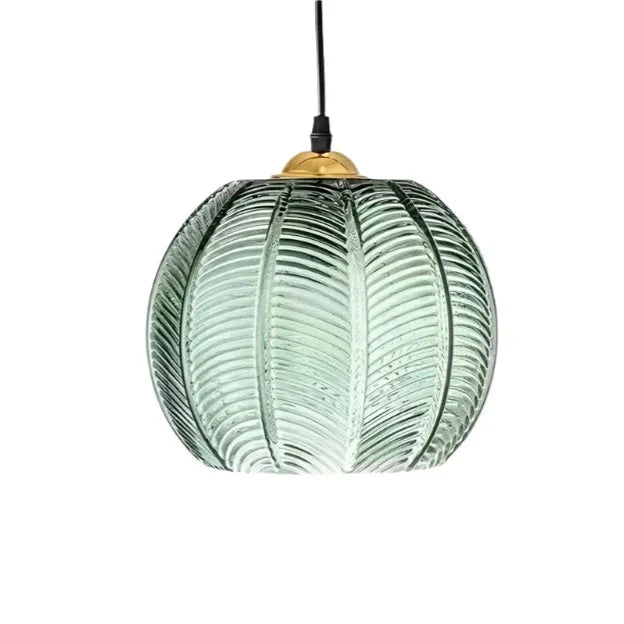 Blown glass leaf pattern pendant light in green and gold – ribbed glass ceiling light by BROKLEN