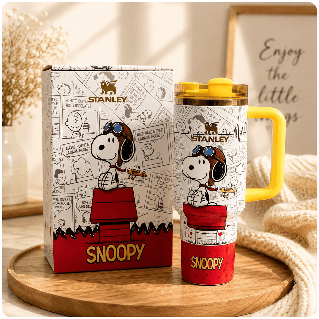 Snoopy Aviator Tumbler - comic-strip tumbler with yellow handle, front view