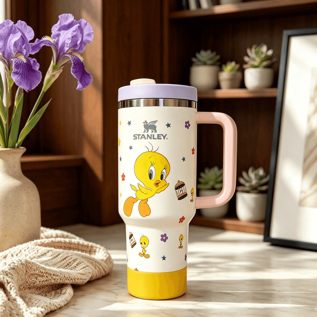 Tweety Bird Tumbler - 40oz yellow tumbler with lavender lid and pink handle