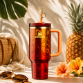 Sunset Bloom Tumbler - 40oz ruby red tropical floral tumbler, front view