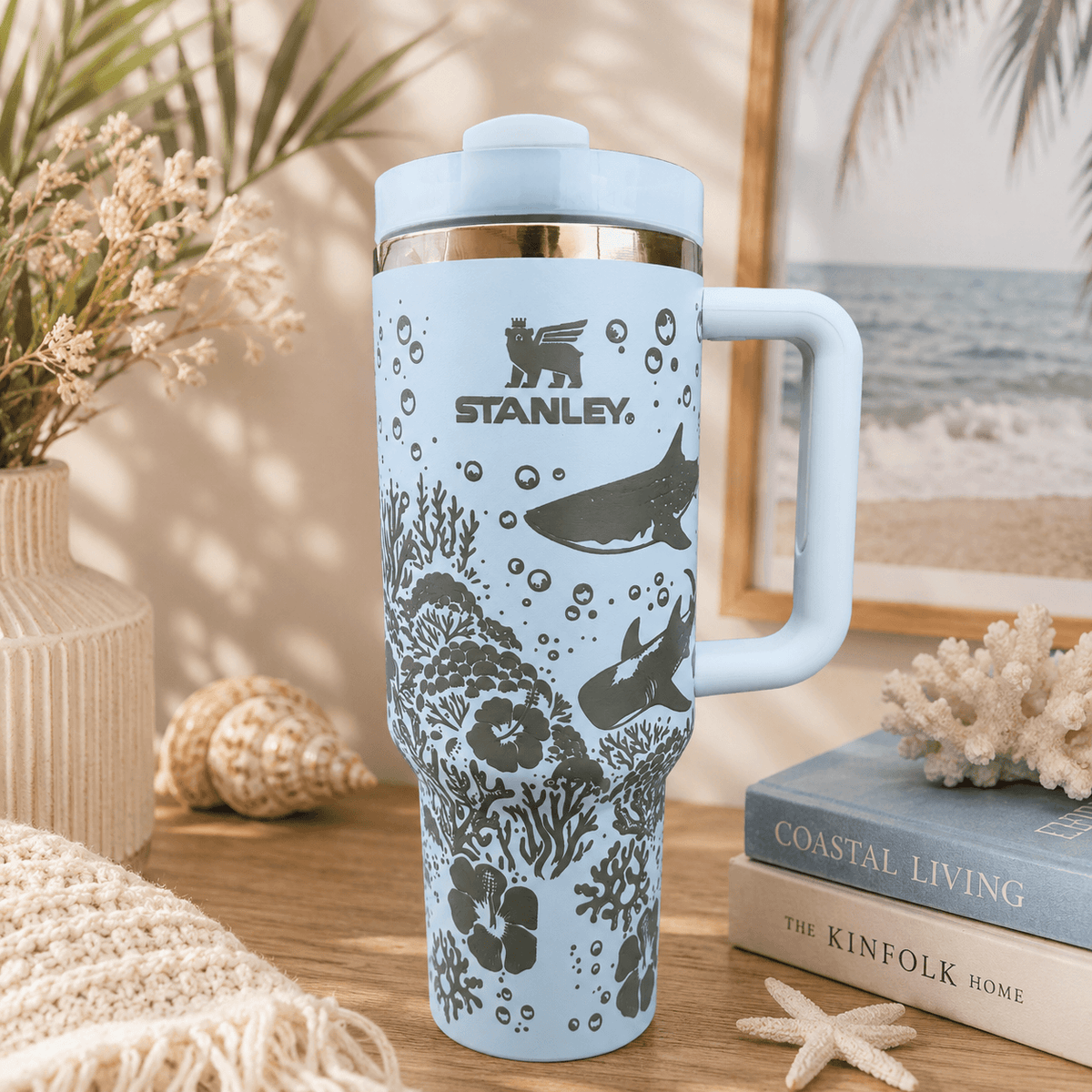 Ocean Breeze Coral Insulated Tumbler - coral underwater design tumbler, front view