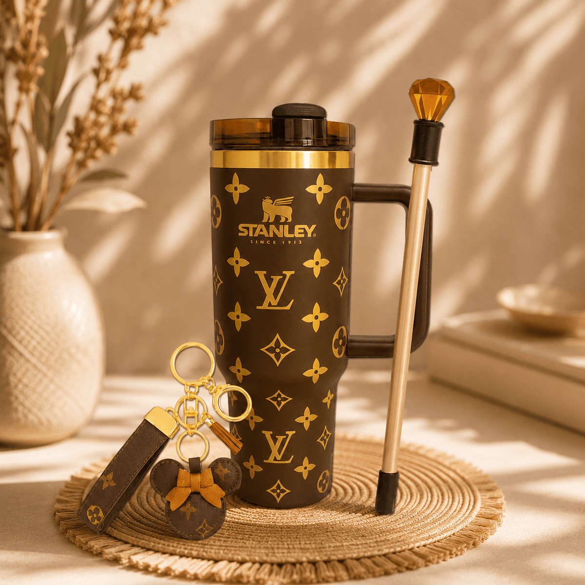 Monogram Tumbler Gift Set - 40oz brown monogram tumbler, front view