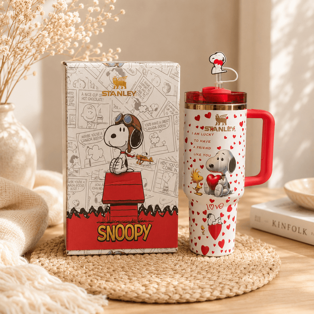 Snoopy Love Hearts Tumbler - cream tumbler with red hearts, front view