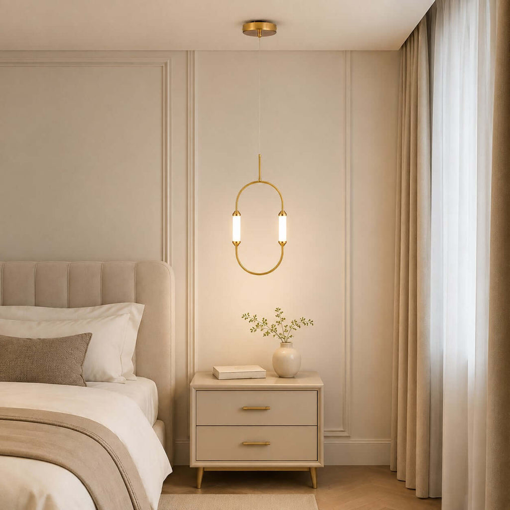 Brushed gold oval minimalist LED chandelier by BROKLEN – view 8
