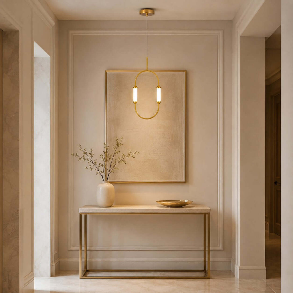 Brushed gold oval minimalist LED chandelier by BROKLEN – view 9