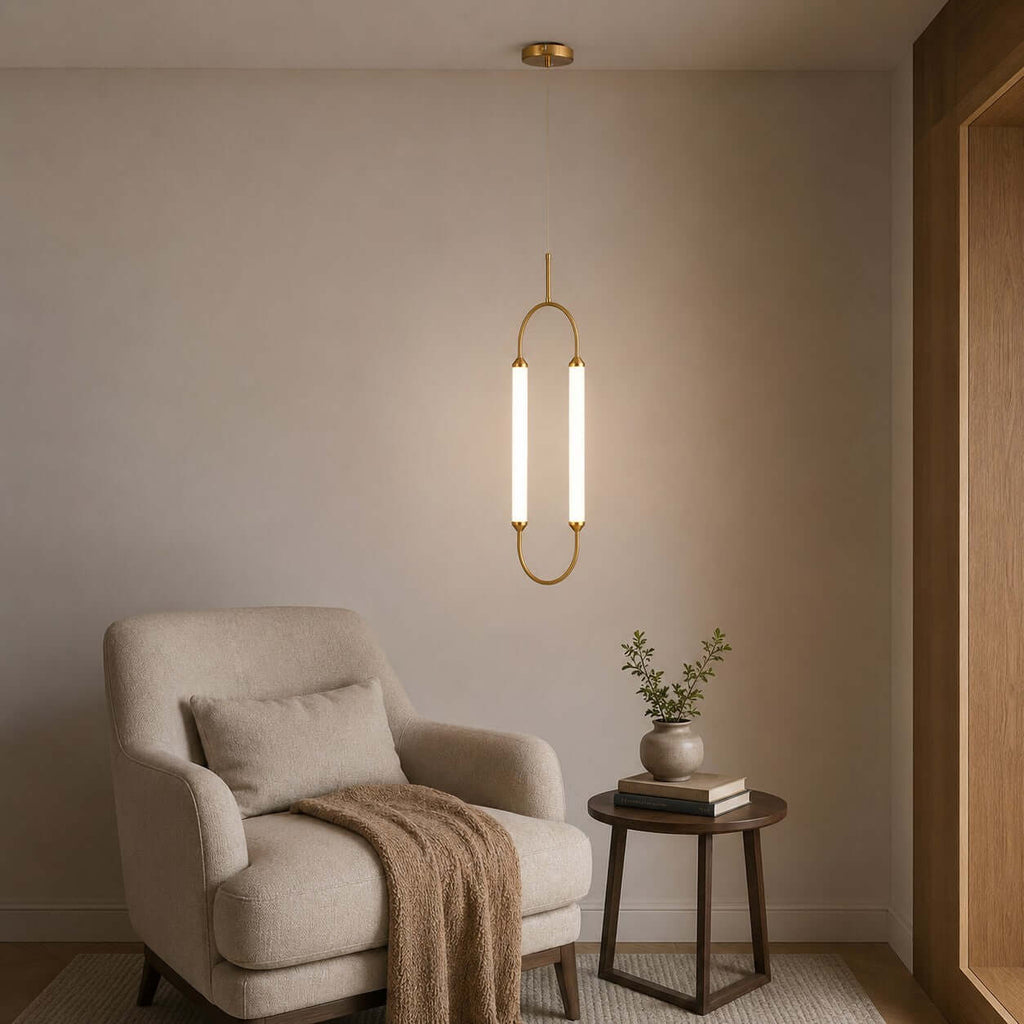 Brushed gold oval minimalist LED chandelier by BROKLEN – view 12