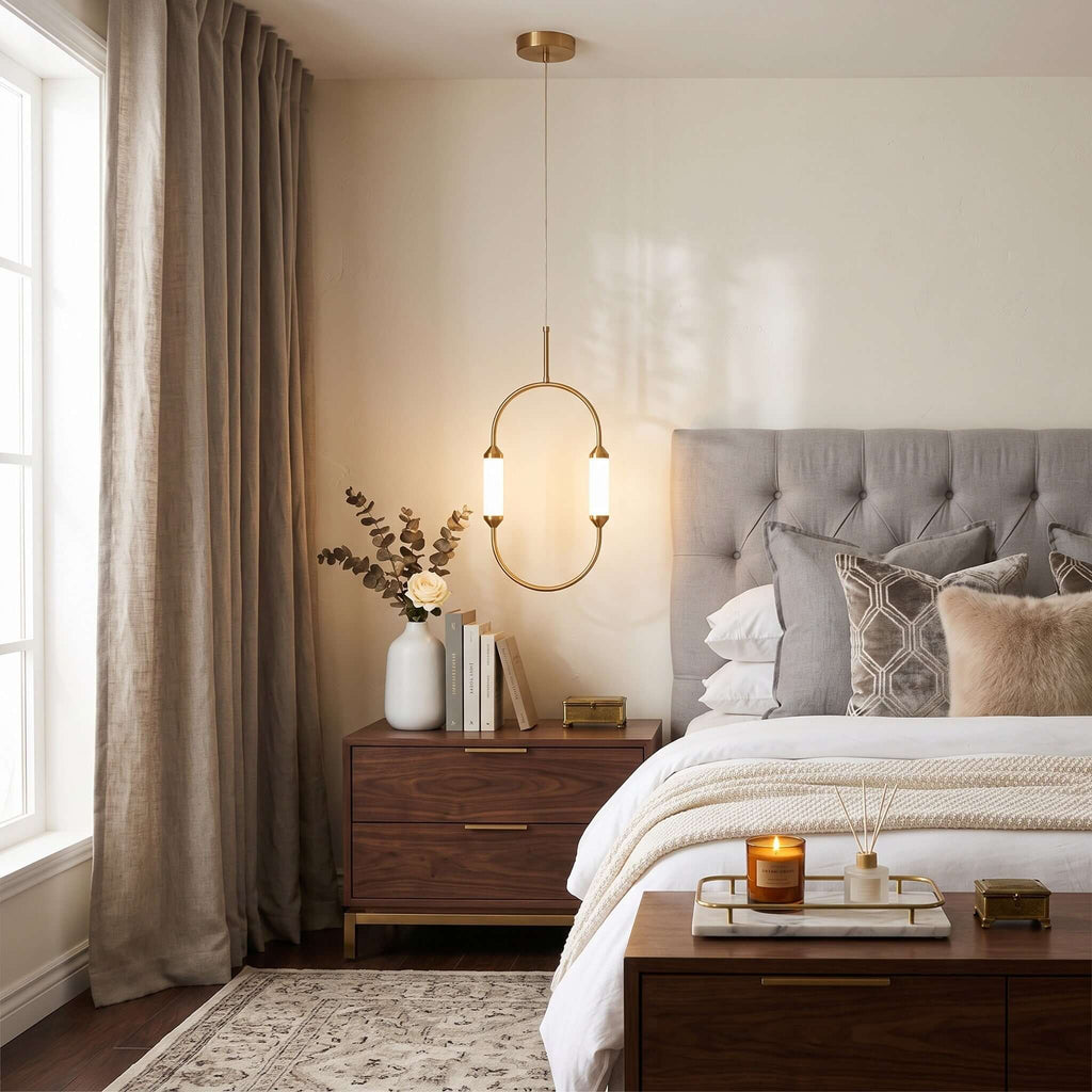 Brushed gold oval minimalist LED chandelier by BROKLEN – view 3
