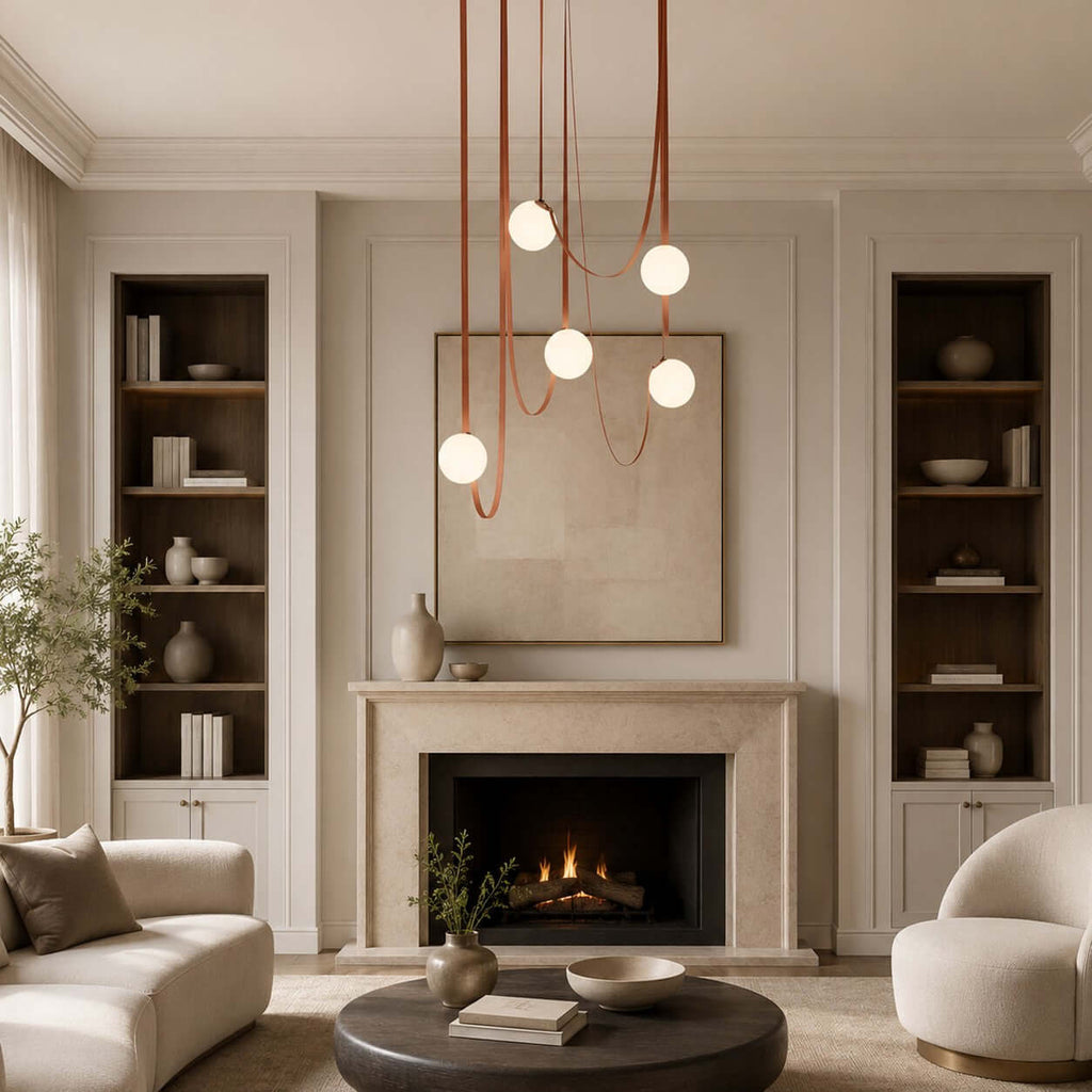 Cascading frosted glass globe chandelier with leather straps by BROKLEN – view 15