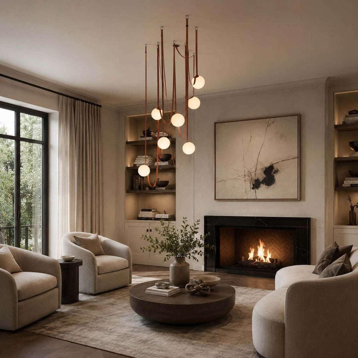 Cascading frosted glass globe chandelier with leather straps by BROKLEN – view 5