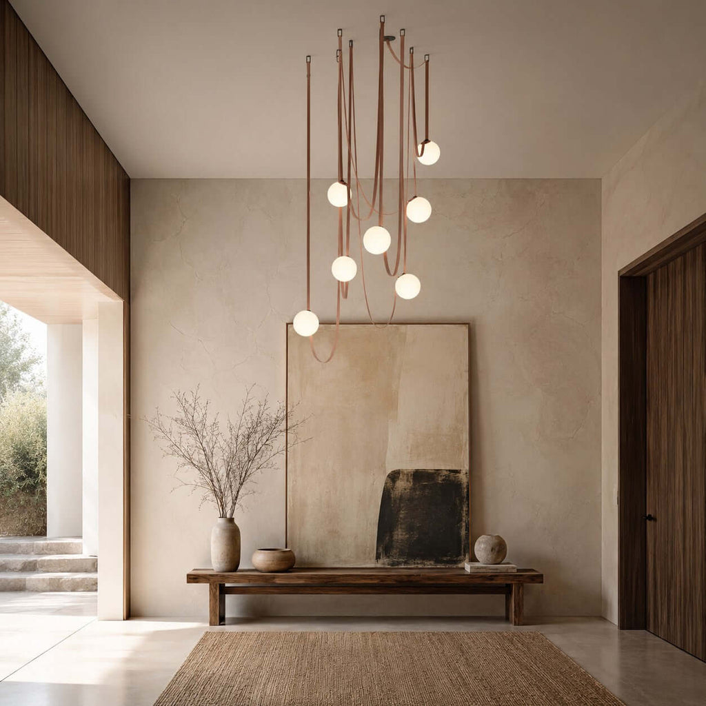 Cascading frosted glass globe chandelier with leather straps by BROKLEN – view 2