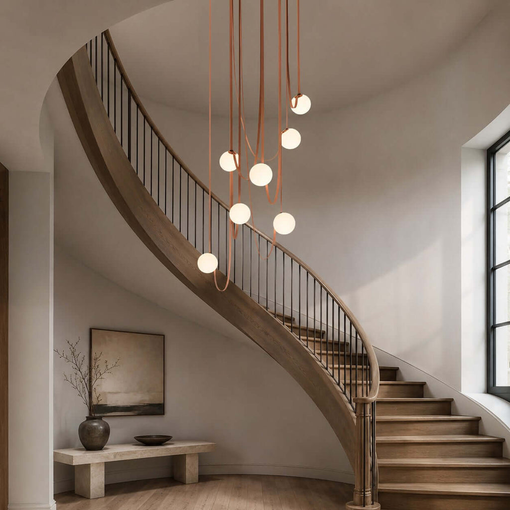 Cascading frosted glass globe chandelier with leather straps by BROKLEN – view 3