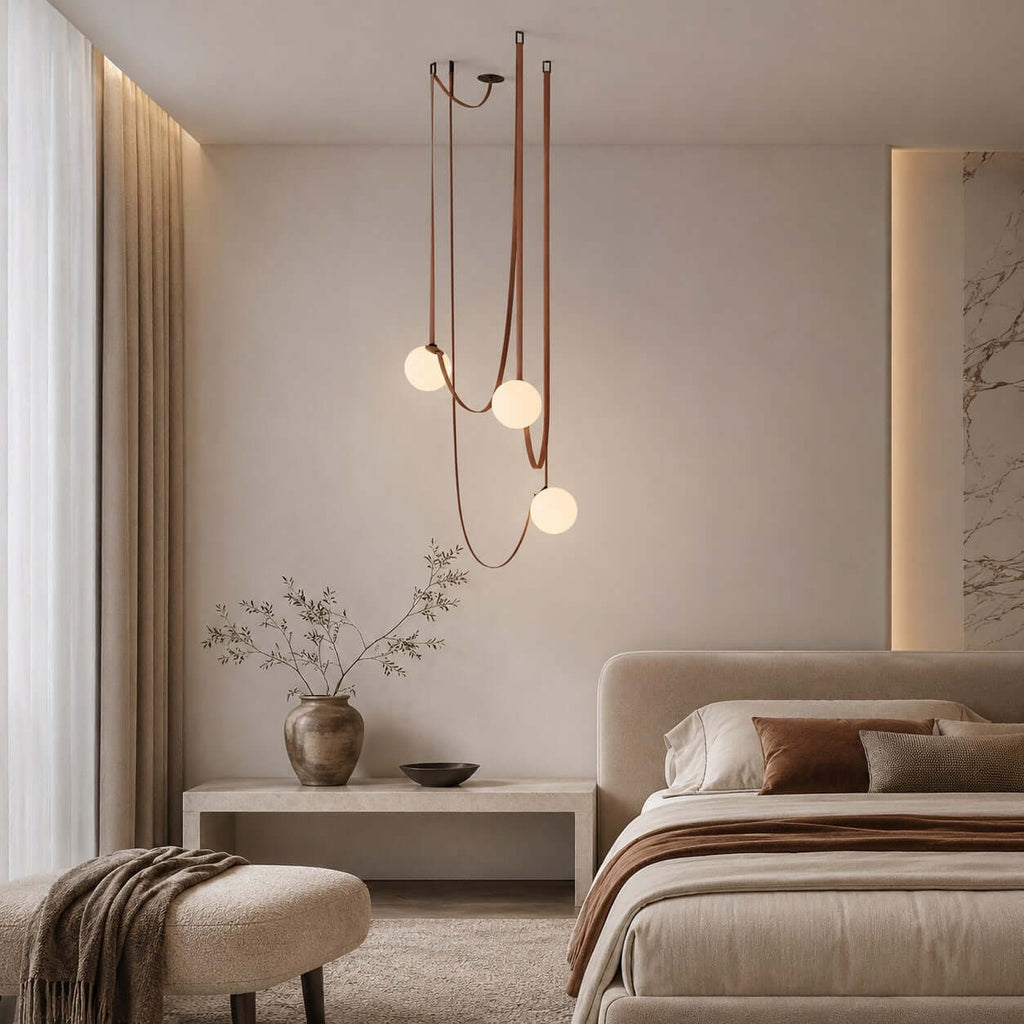 Cascading frosted glass globe chandelier with leather straps by BROKLEN – view 7