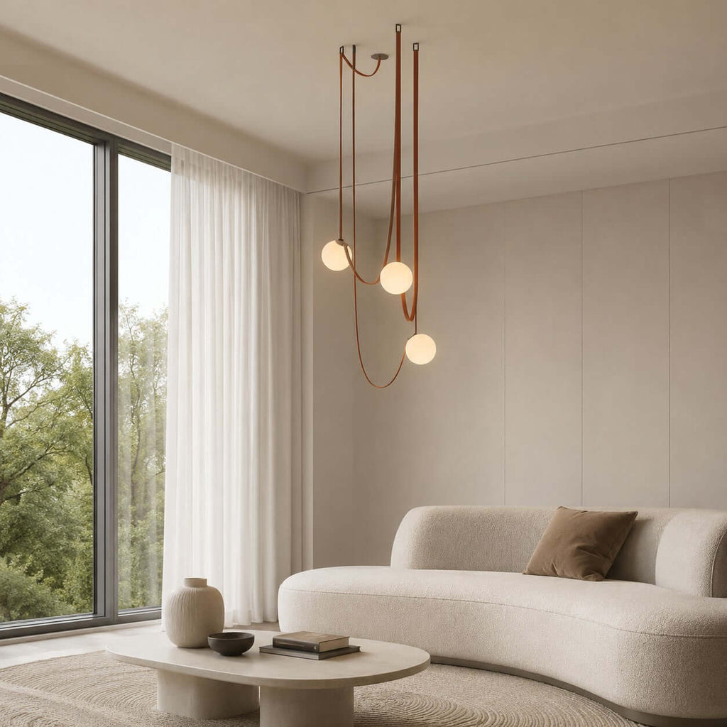 Cascading frosted glass globe chandelier with leather straps by BROKLEN – view 10