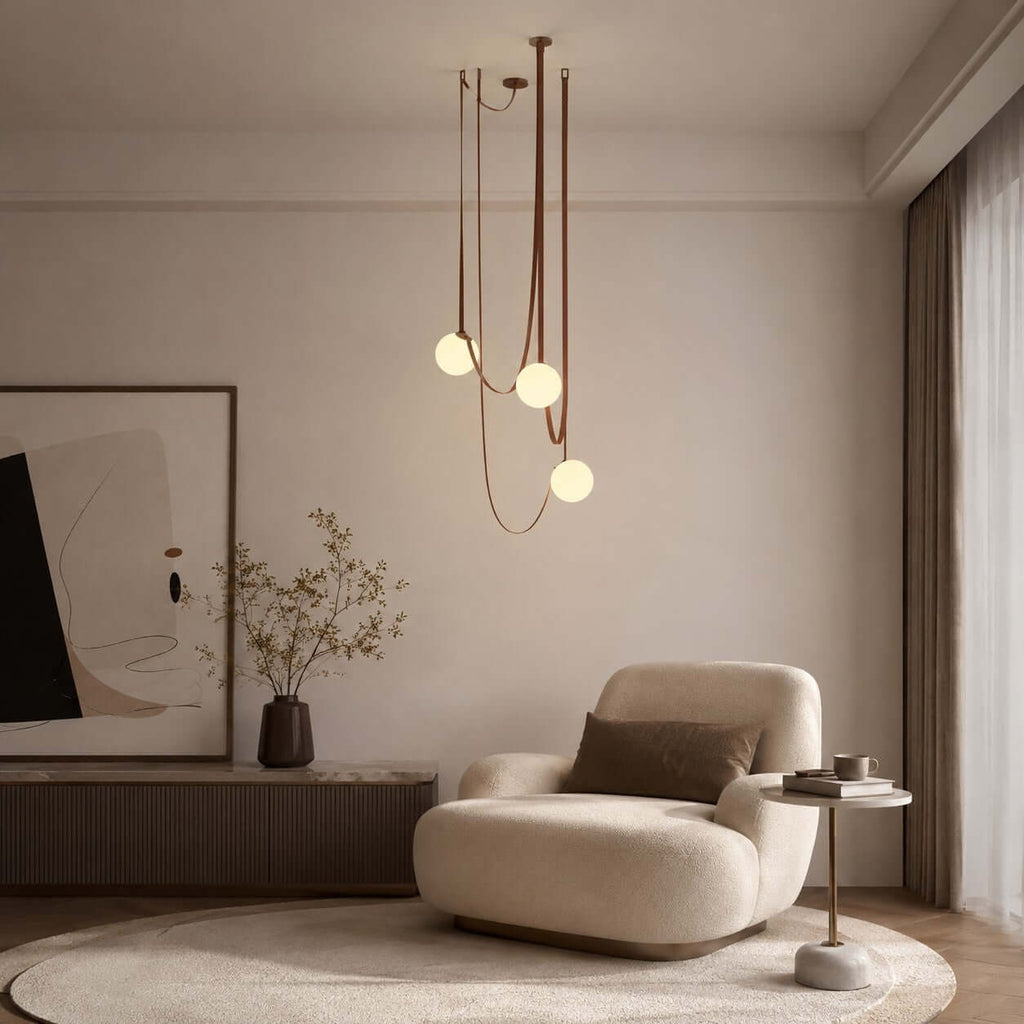 Cascading frosted glass globe chandelier with leather straps by BROKLEN – view 8