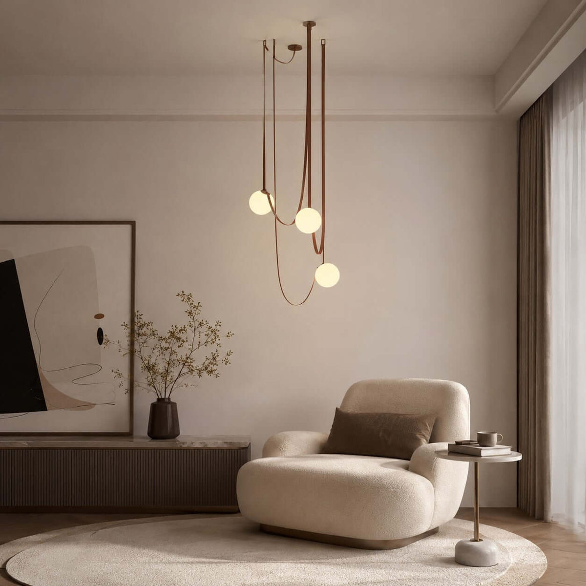 Cascading frosted glass globe chandelier with leather straps by BROKLEN – view 8
