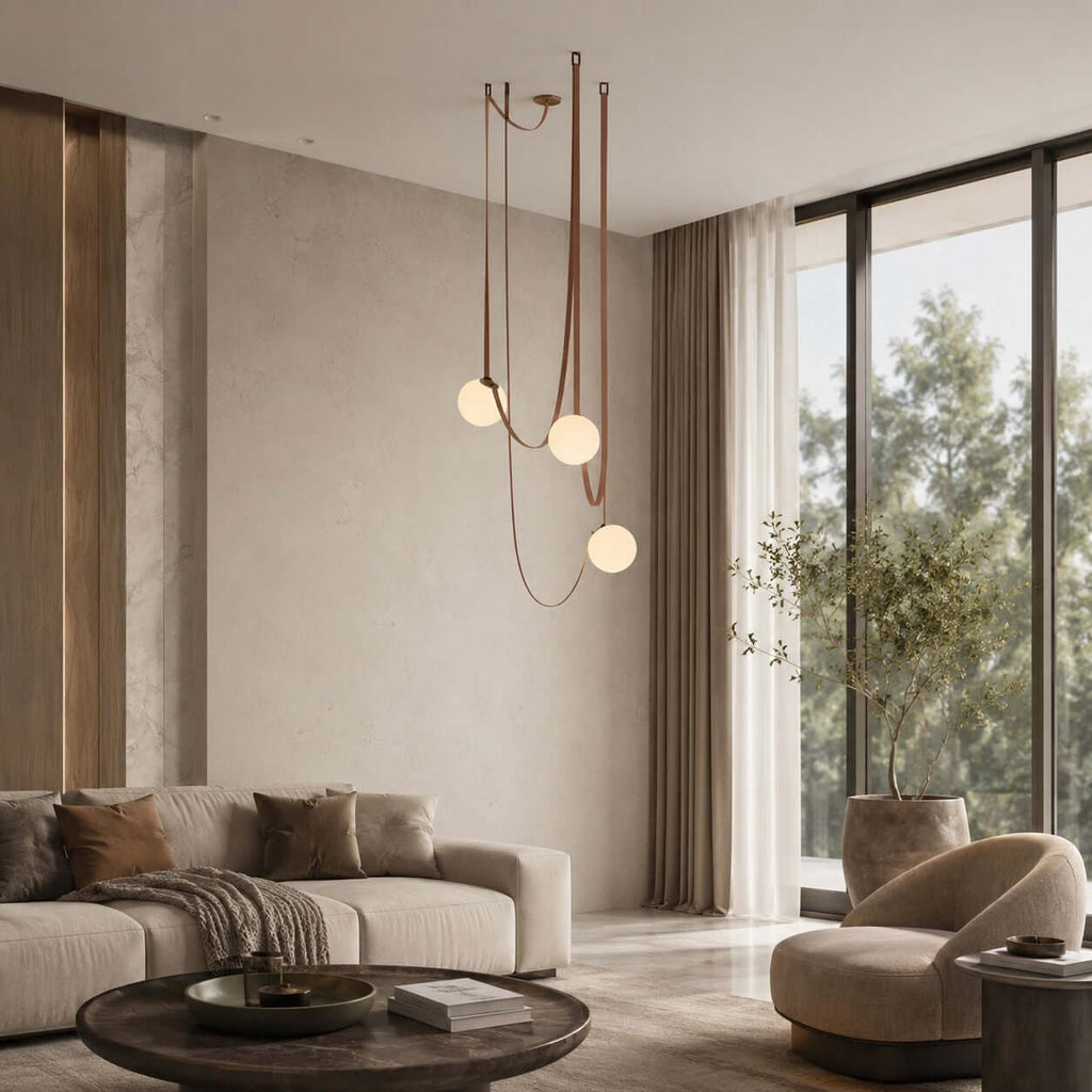 Cascading frosted glass globe chandelier with leather straps by BROKLEN – view 12