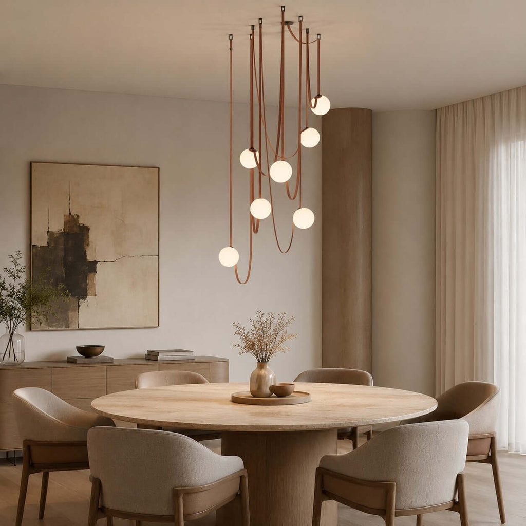 Cascading frosted glass globe chandelier with leather straps by BROKLEN