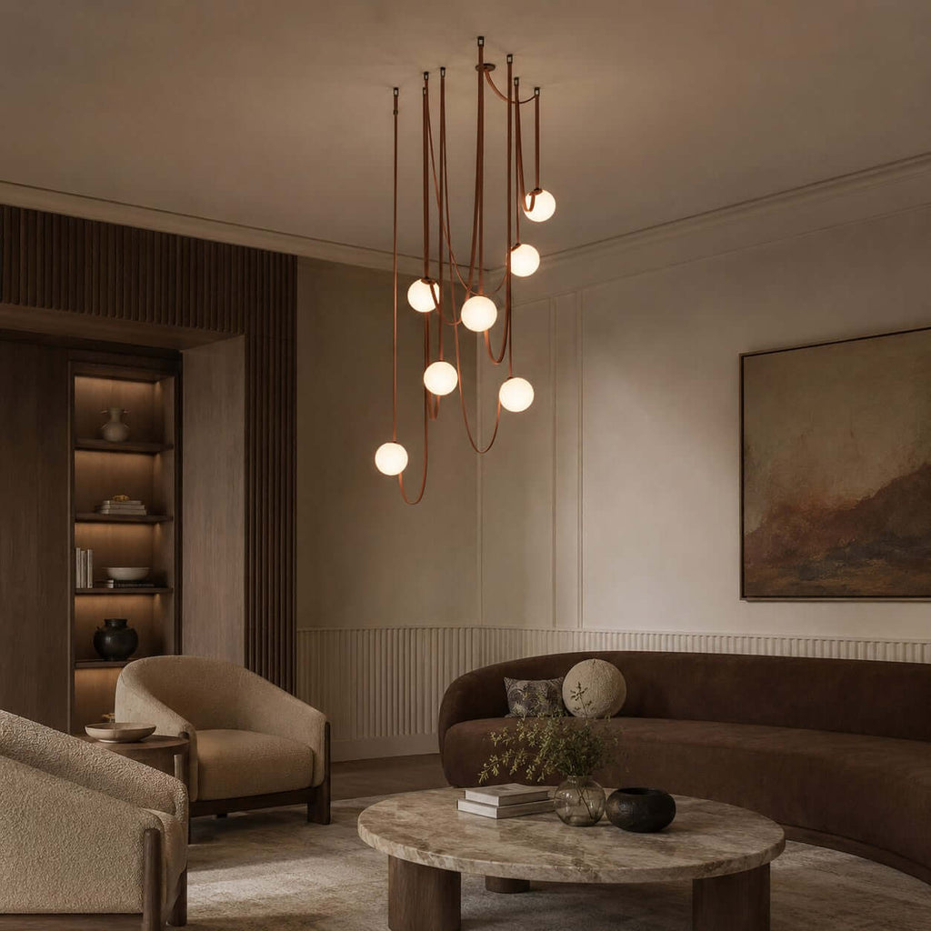 Cascading frosted glass globe chandelier with leather straps by BROKLEN – view 16