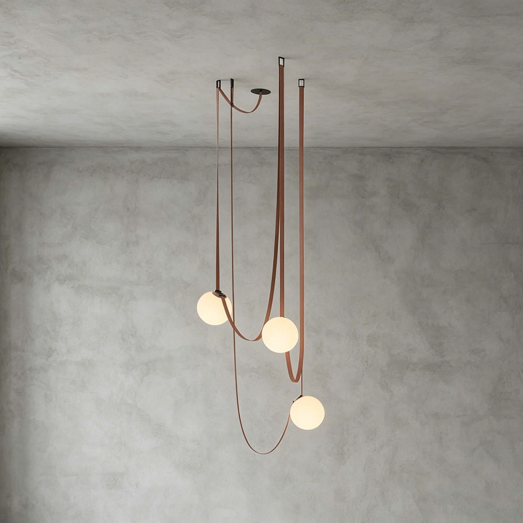 Cascading frosted glass globe chandelier with leather straps by BROKLEN – view 18