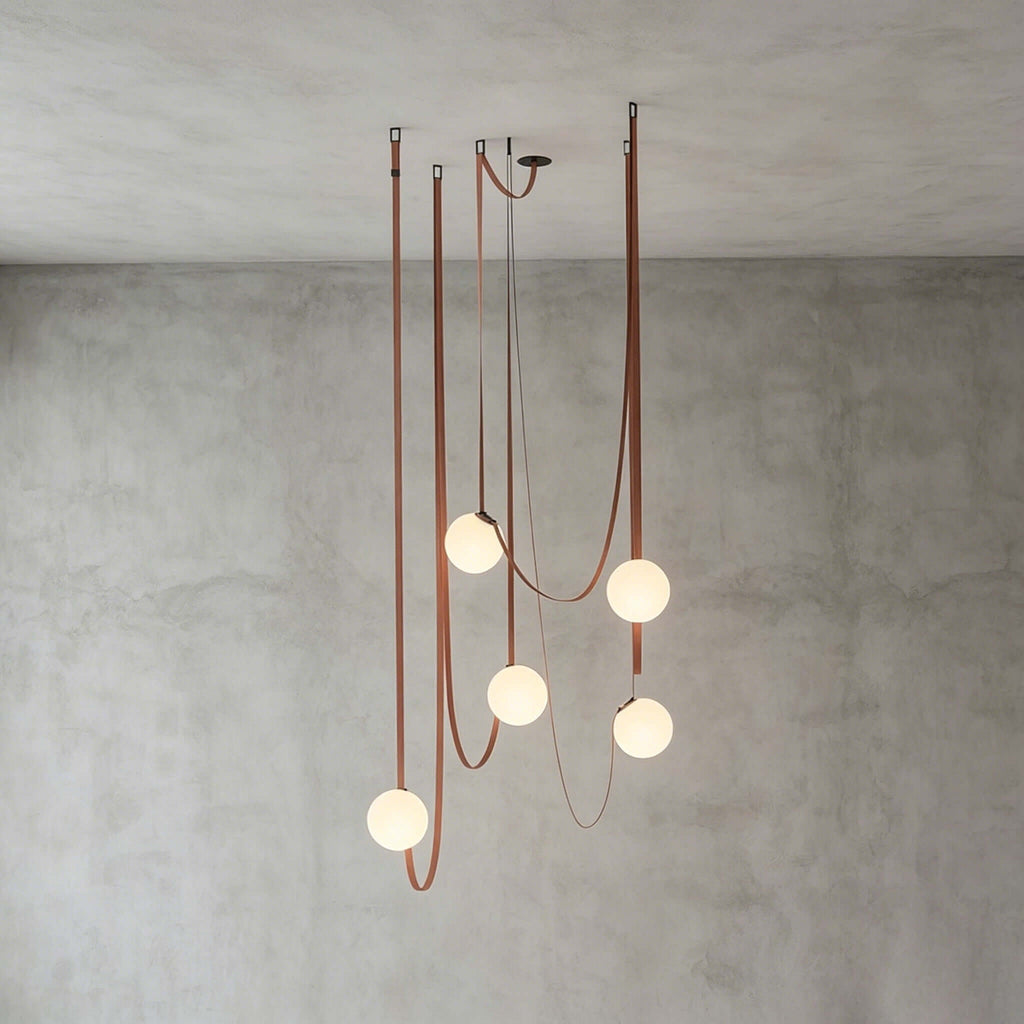 Cascading frosted glass globe chandelier with leather straps by BROKLEN – view 20