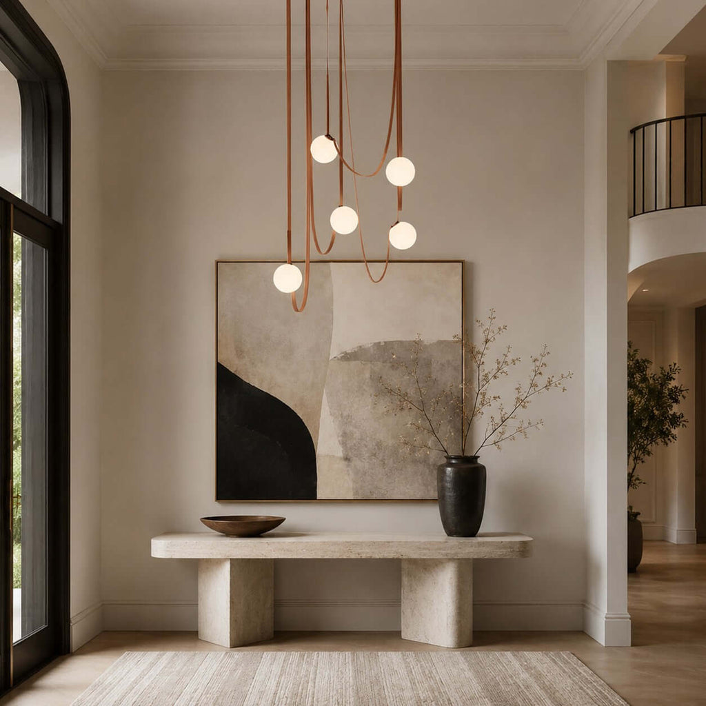 Cascading frosted glass globe chandelier with leather straps by BROKLEN – view 13