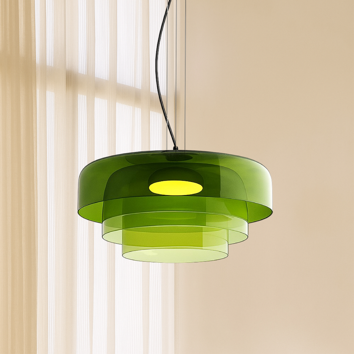 Layered stacked glass pendant light in green, amber and smoke by BROKLEN – view 11