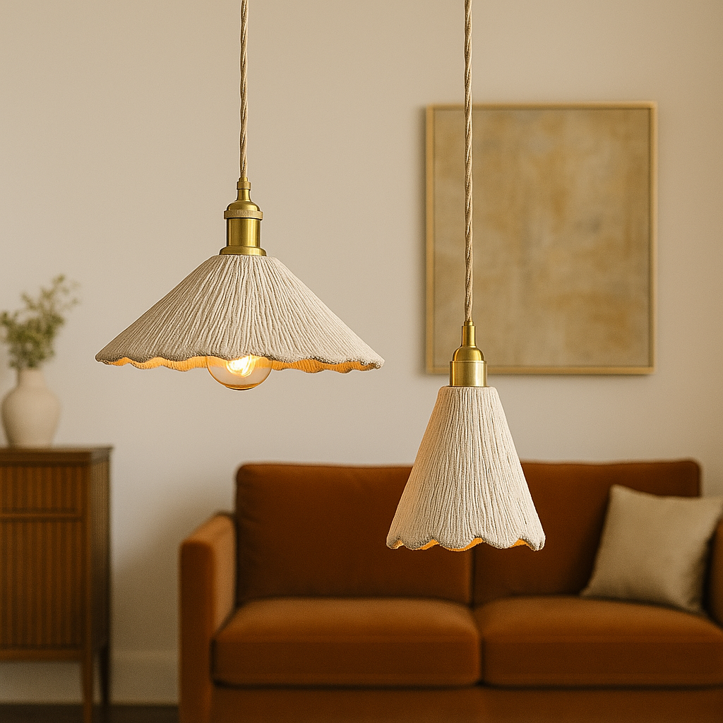 Textured cement pendant light with brass accents by BROKLEN