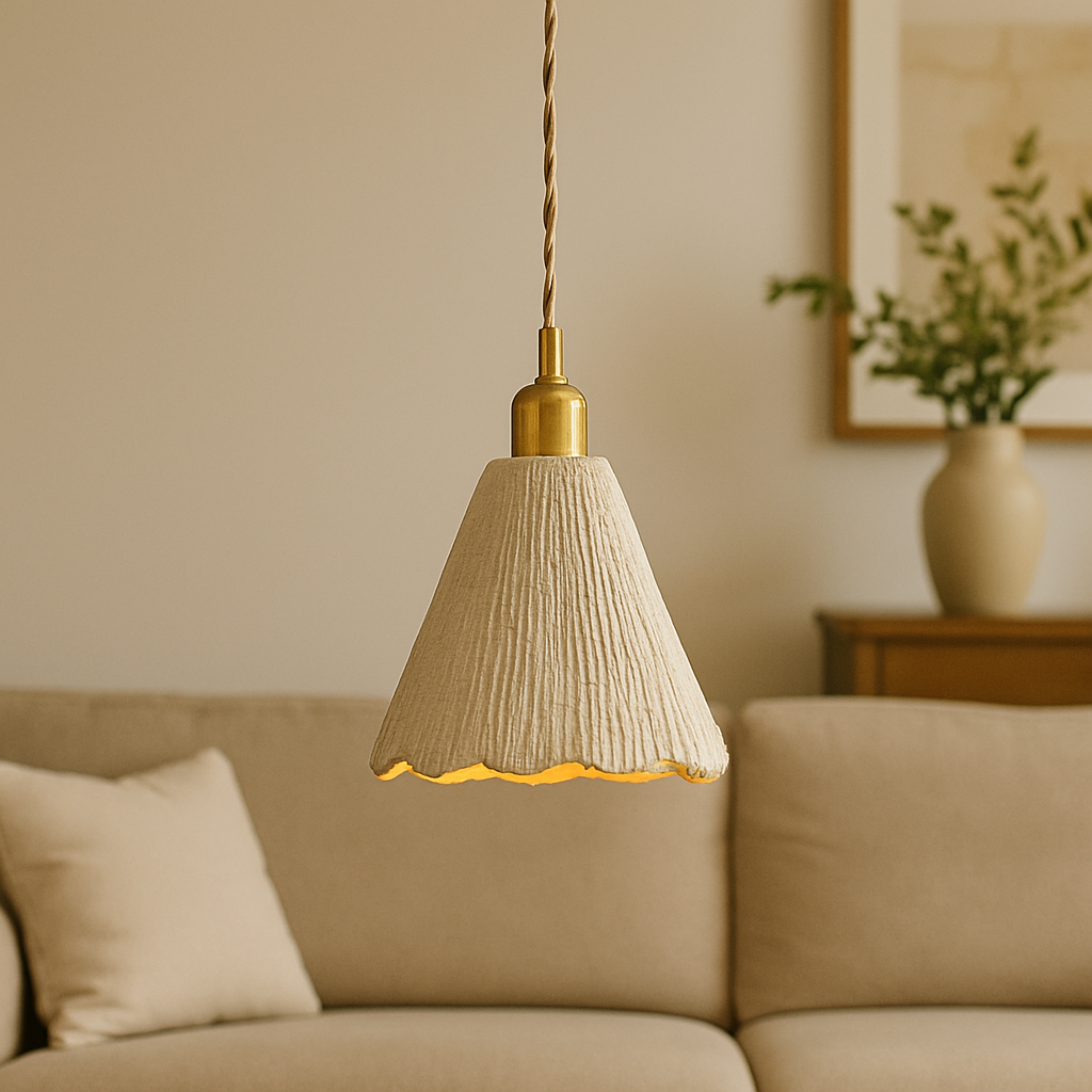 Textured cement pendant light with brass accents by BROKLEN – view 2