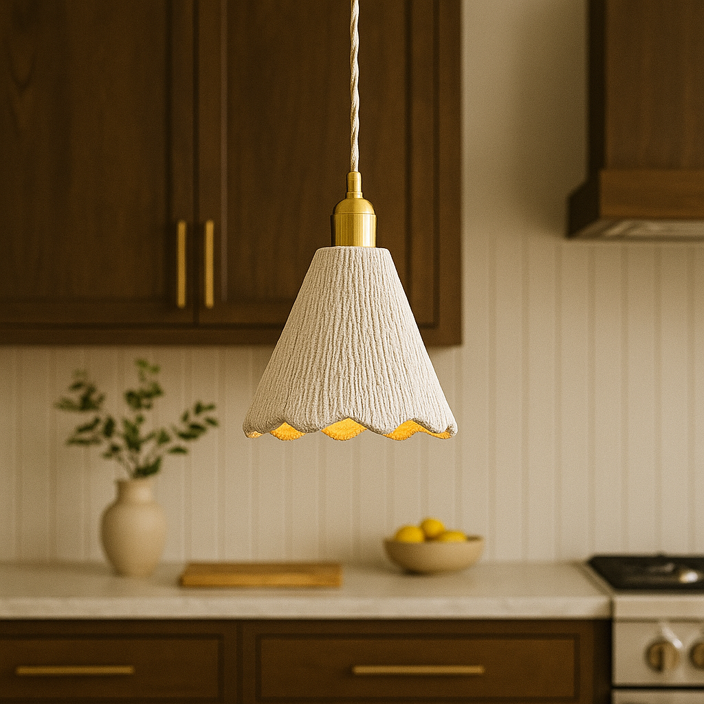 Textured cement pendant light with brass accents by BROKLEN – view 3