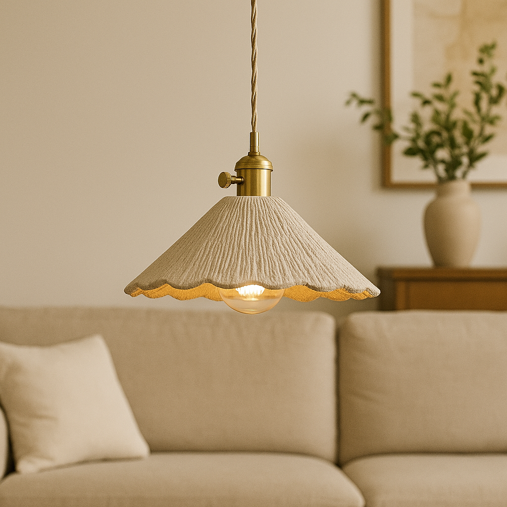 Textured cement pendant light with brass accents by BROKLEN – view 4